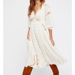 Free People Ivory Floral Embroidered Boho
Midi Dress Day Glo L